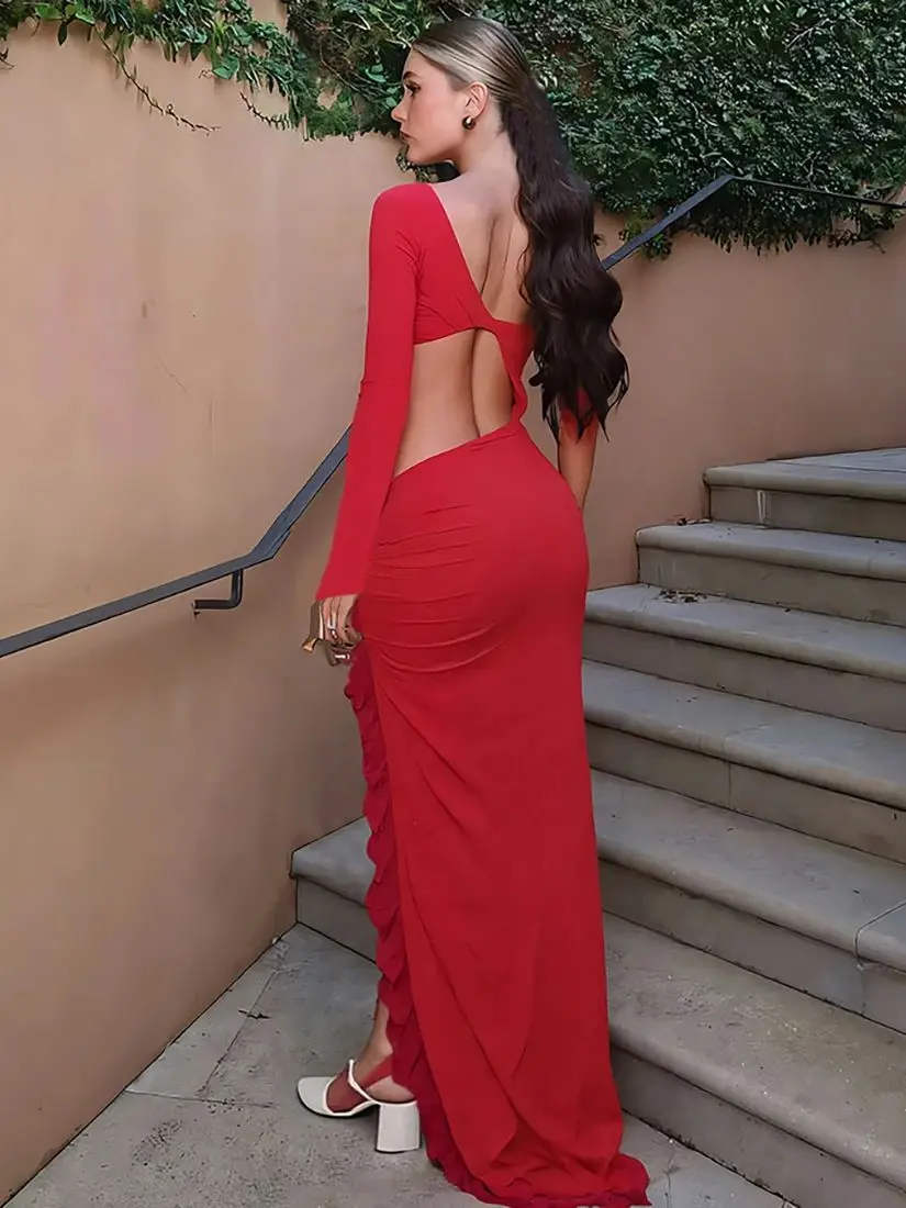 Vestido Irregular de gato extraño para mujer, Vestidos de fiesta de medianoche con volantes y lado hueco, hombros inclinados, manga larga, nudo, cuello bajo