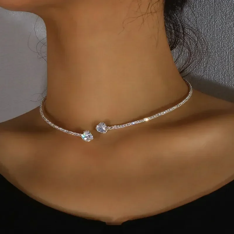 

Shining Rhinestone Heart Collar Choker Necklace For Women Fashion Luxury Open Collar Necklace Torques Party Wedding Jewelry Gift