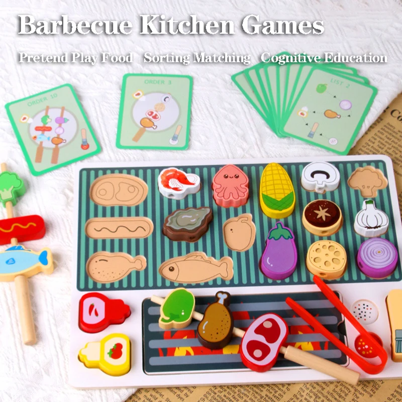 Children Barbecue Food Kitchen Toys Miniature Food Pretend Play Matching Cutting Games Toddlers Montessori Education Wooden Toy
