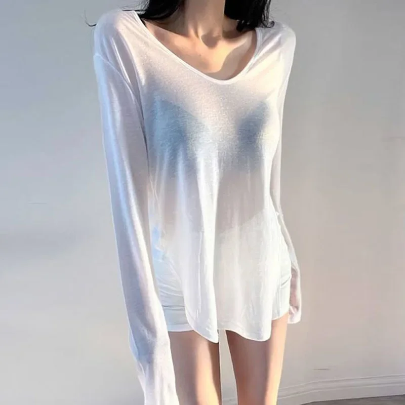 

Sexy V-neck See Through Long Sleeve T Shirt Women Black White Loose Sunscreen Shirt Woman Comfortable Simple Breathable Pullover