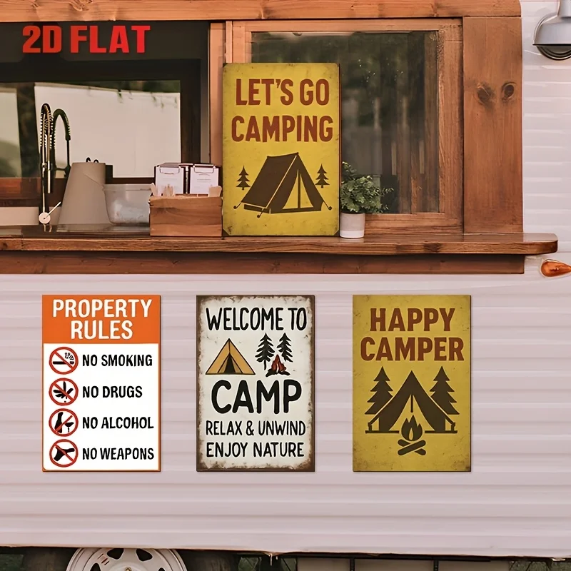 4pcs Vintage Camping Rules Metal Tin Signs - 8x12 Inch Retro Campfire Safety Decor With No Smoking, Alcohol & Prohibitions