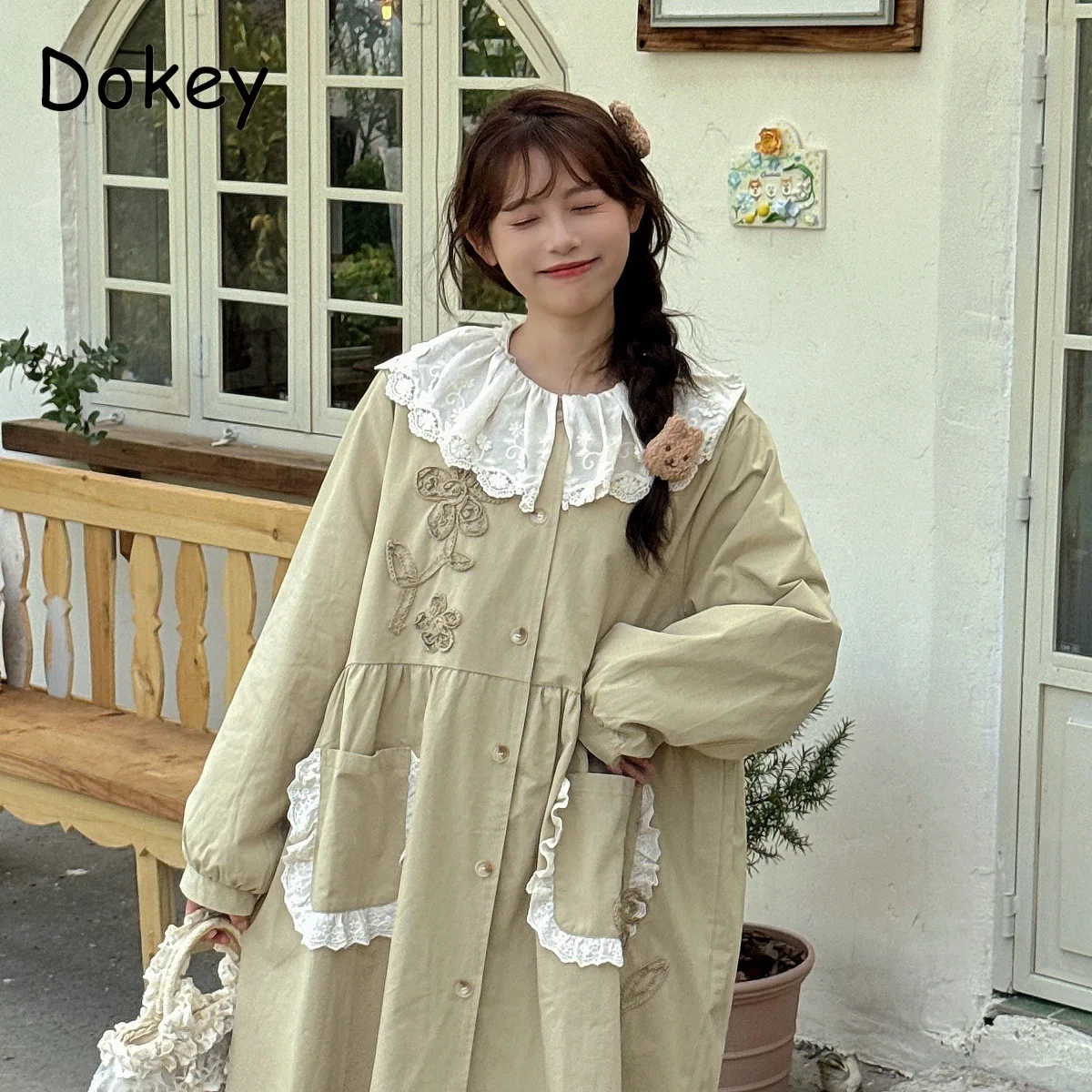 

Women's Vintage Japanese Kawaii Peter Pan Collar Long Trench Coat, Autumn Preppy , Loose Oversized Patchwork Jacket, Female Coat