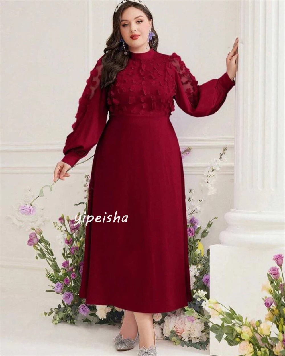 Abito da ballo sera Arabia saudita Jersey Applique increspato festa di nozze a-line collo alto abito da occasione su misura abiti Midi