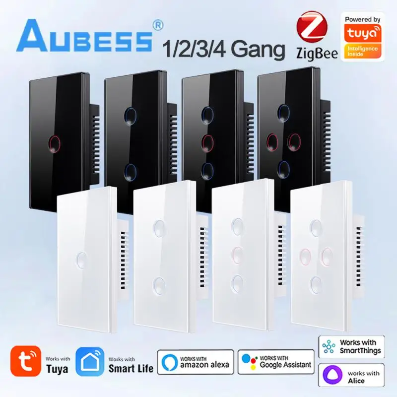 

Настенный выключатель Tuya Smart Life ZigBee светильник, переключатель 1/2/3/4 Gang US с сенсорной панелью, светодиодные сенсорные переключатели, работает с Alexa Google Home