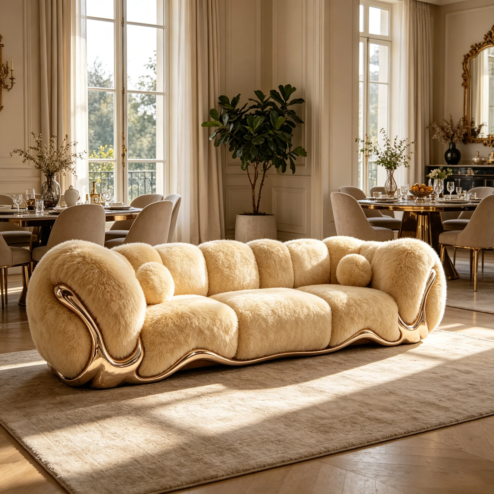 Z*-Gold-Plated Fiberglass Frame Sofa Plush White Teddy Fleece Bubble Design for High-End Home Lounge^