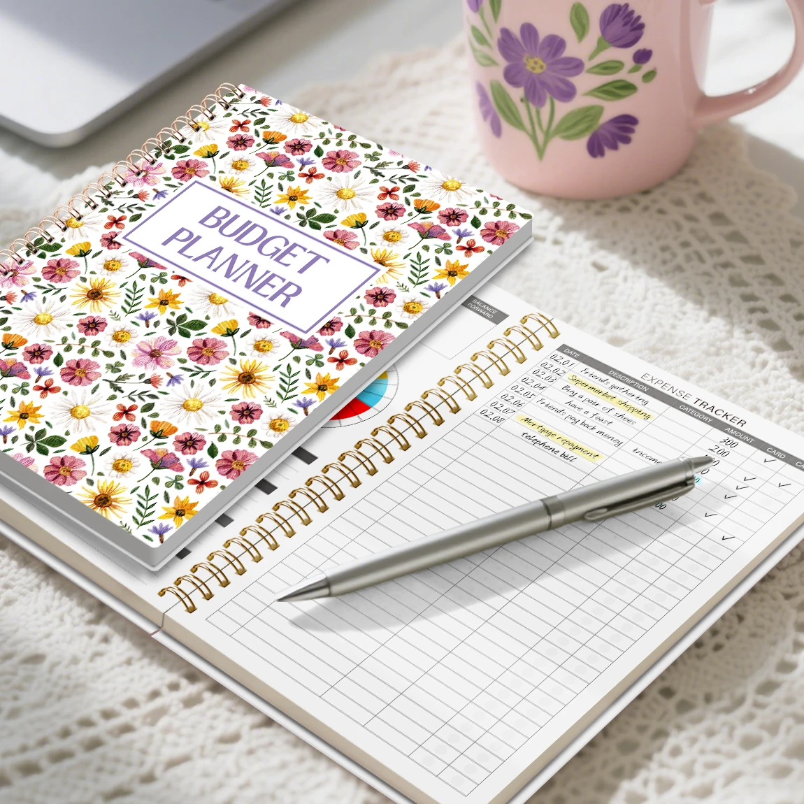 A5 Budget Planner with Color Tabs Floral Spiral Expense Tracker Monthly Finance Organizer Notebook view 2