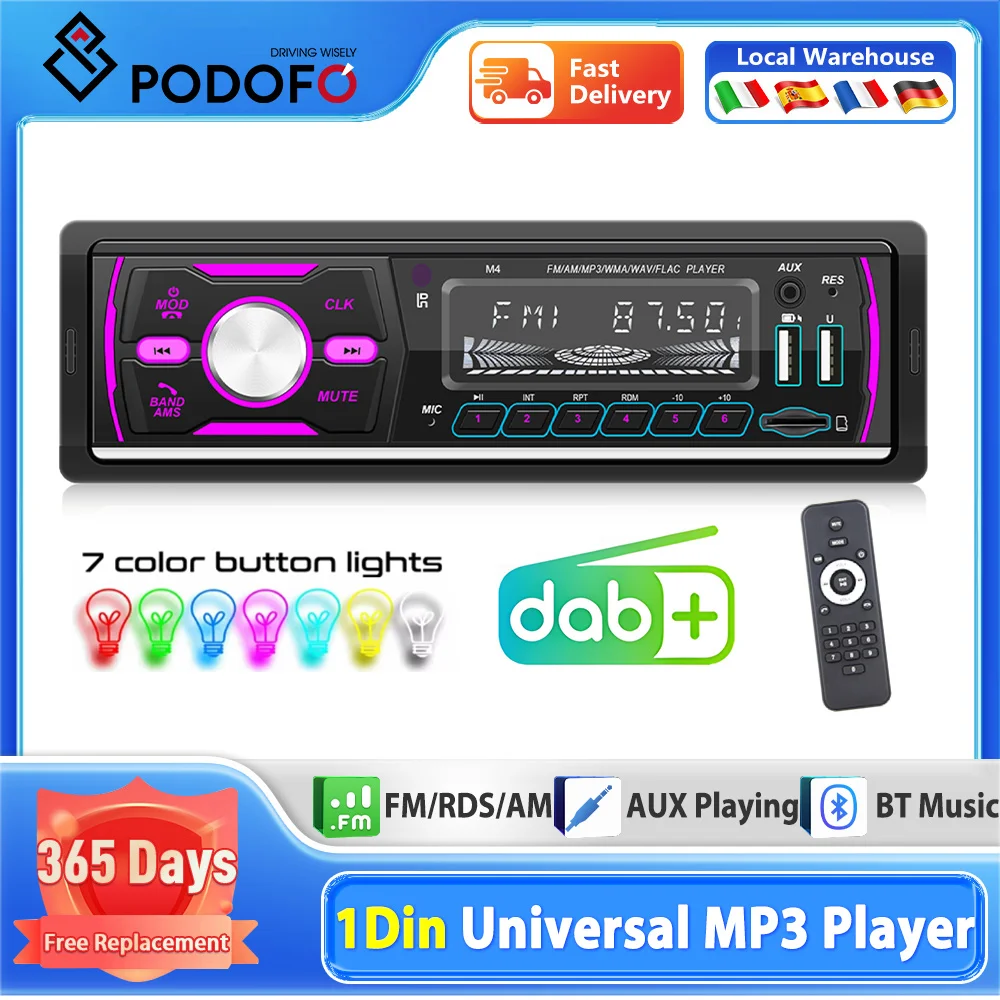 Podofo Car Audio Radio 1din Bluetooth Stereo MP3 Player FM Receiver 12V Support for Fast Phone Charging AUX/USB/TF Card