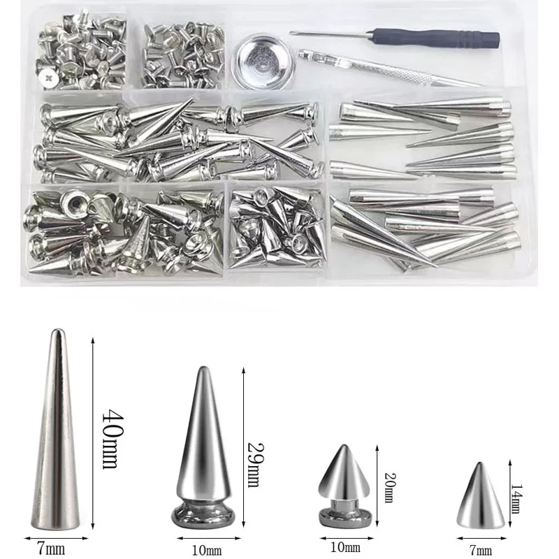 100 Sets Silver Cone Spikes 4 Sizes Screw Back Studs Punk Rock Bullet Rivets for DIY Clothing Leather Craft