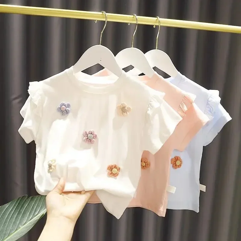 New Summer Girls T-shirt Children's Baby Cute Lace Short-sleeved Top Little Girl Cotton Bottoming Shirt