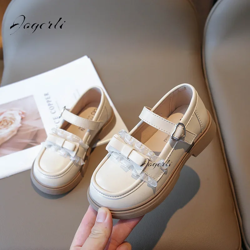 Girls PU Leather Shoes Autumn New Baby Bow Lace Princess Loafer Cute Style Soft Soled School Flats Footwear