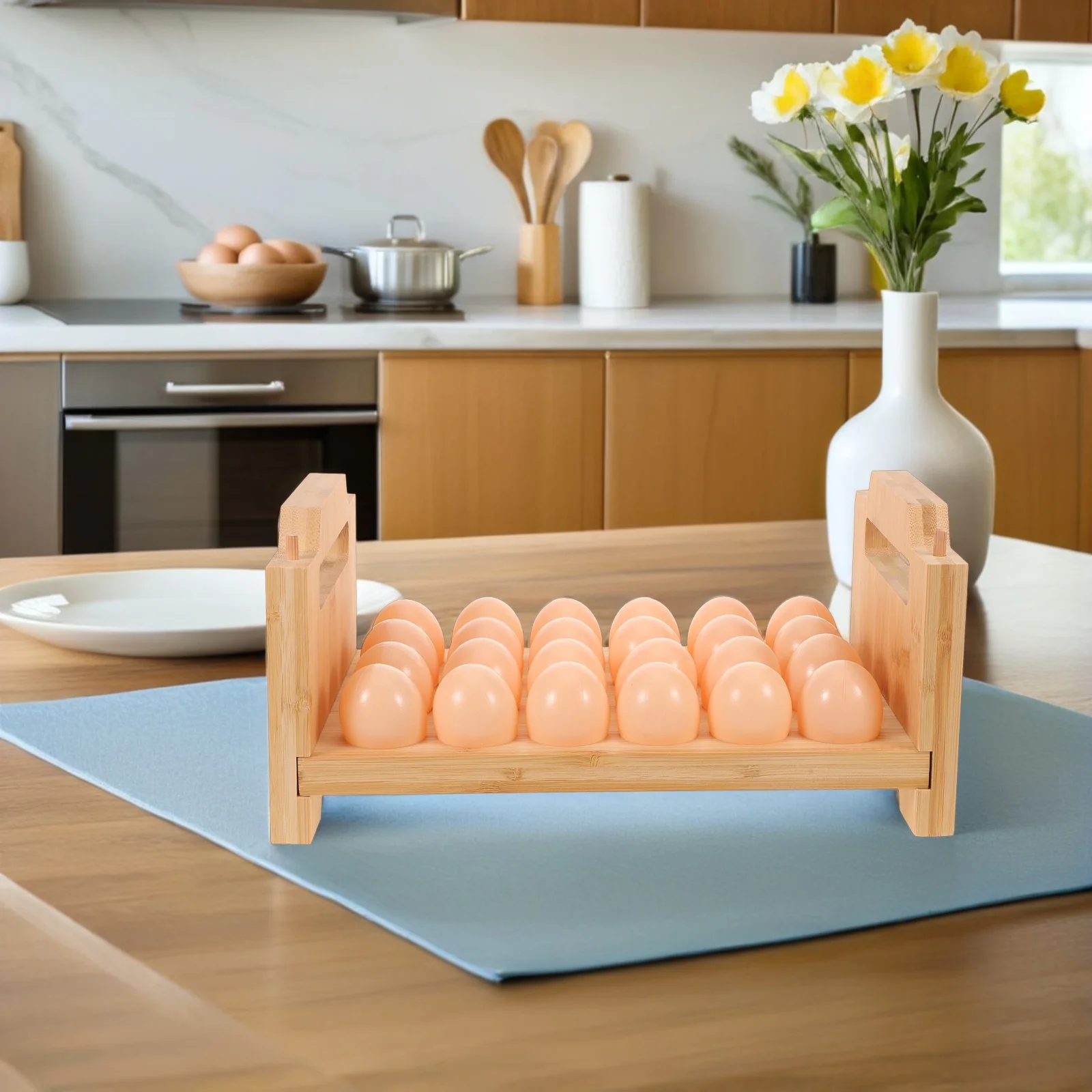 

1Set Bamboo Egg Holder Stackable Handle 24-Egg Storage Tray Refrigerator Countertop Organizer Farmhouse Kitchen