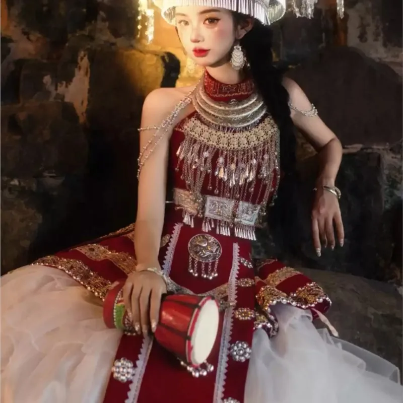 مجموعة كاملة من فساتين الشاش الأحمر للنساء في الأزياء العرقية نمط جديد أداء زي التصوير الفوتوغرافي السفر الغريب #4