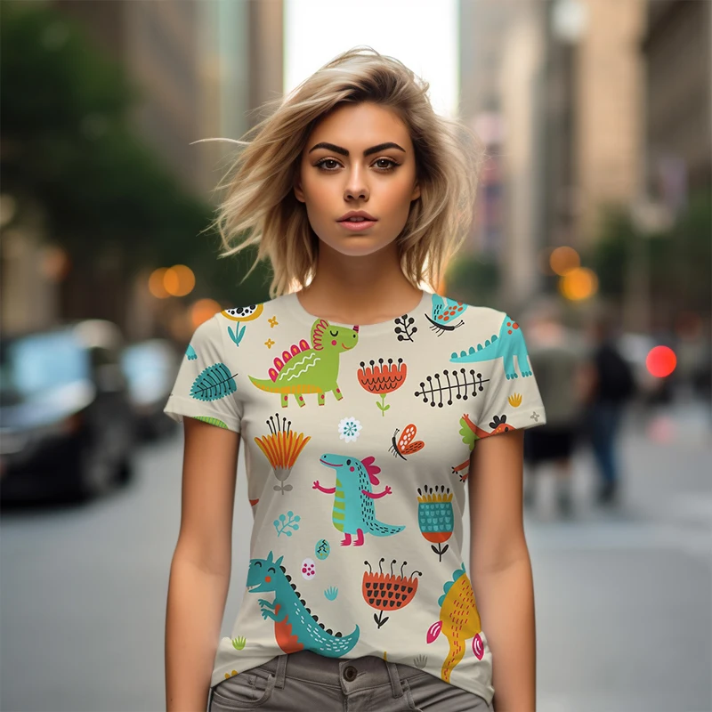 T-shirt imprimé dinosaure 3D pour femme, style mignon, décontracté, tendance de la mode, été, nouveau