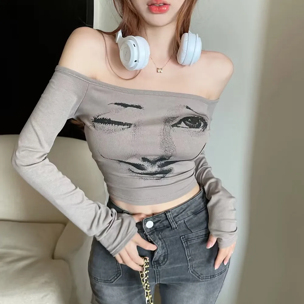 Women Long Sleeve Skinny Slim Fit T Shirts Sexy Holiday Party Strapless Top Autumn Facial Funny Streetwear Clothing Female Tee