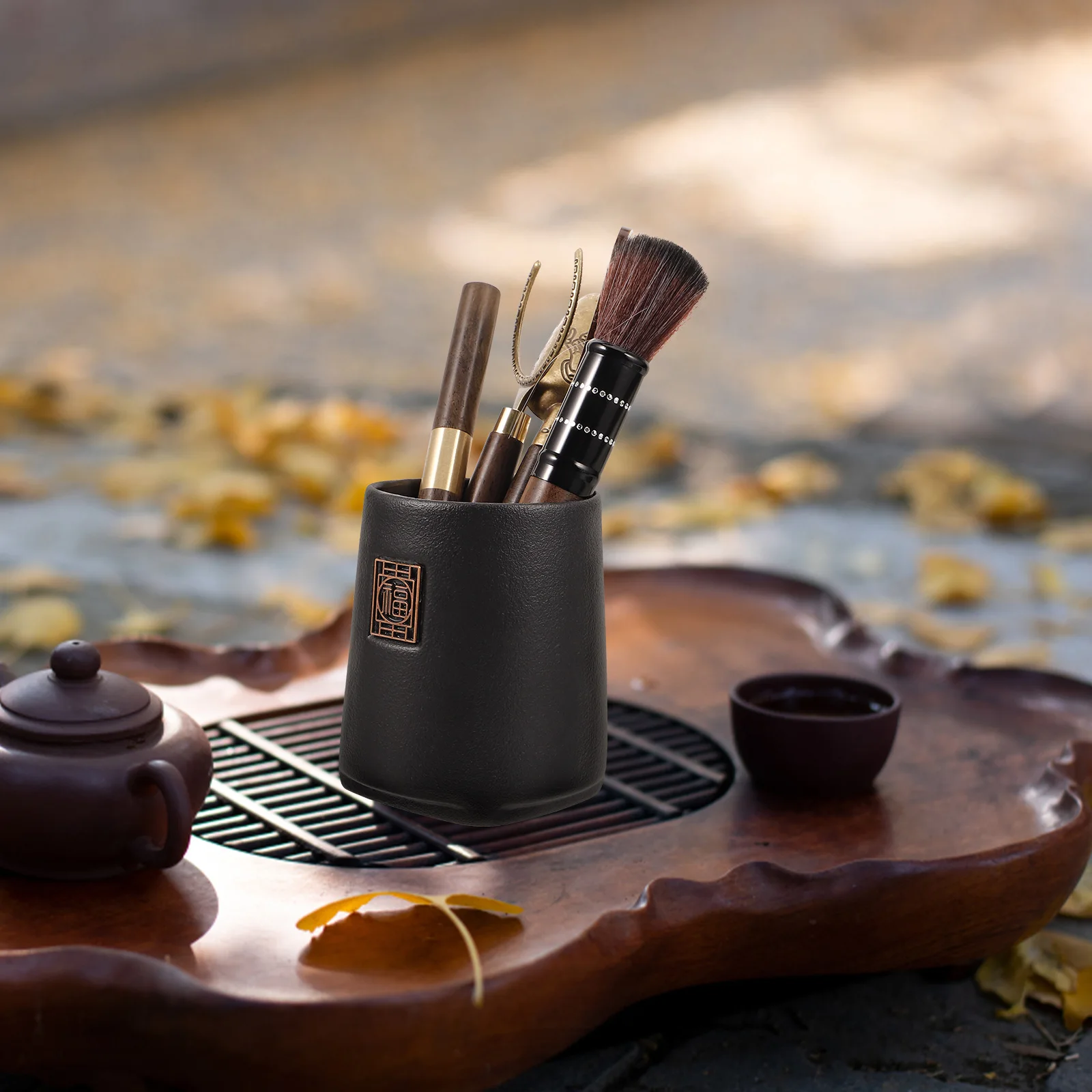 

Ceramic Alloy Tea Art Set 6 Gentlemen Tools Black Clay Cylinder Gongfu Scoop Wood Material Loose Leaf Utensils Gifts Chinese Tea