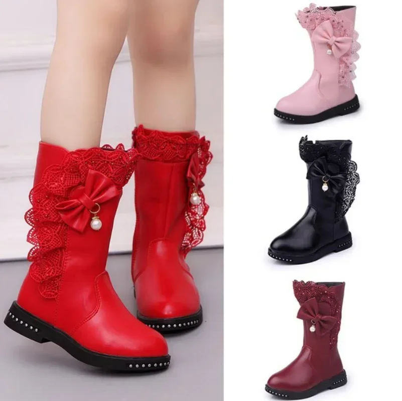 

Children Pu Leather Boots Girls Rhinestone Flower Fashion Plush Long Boots Autumn Winter Kids Princess Warm Mid-calf Snow Boots