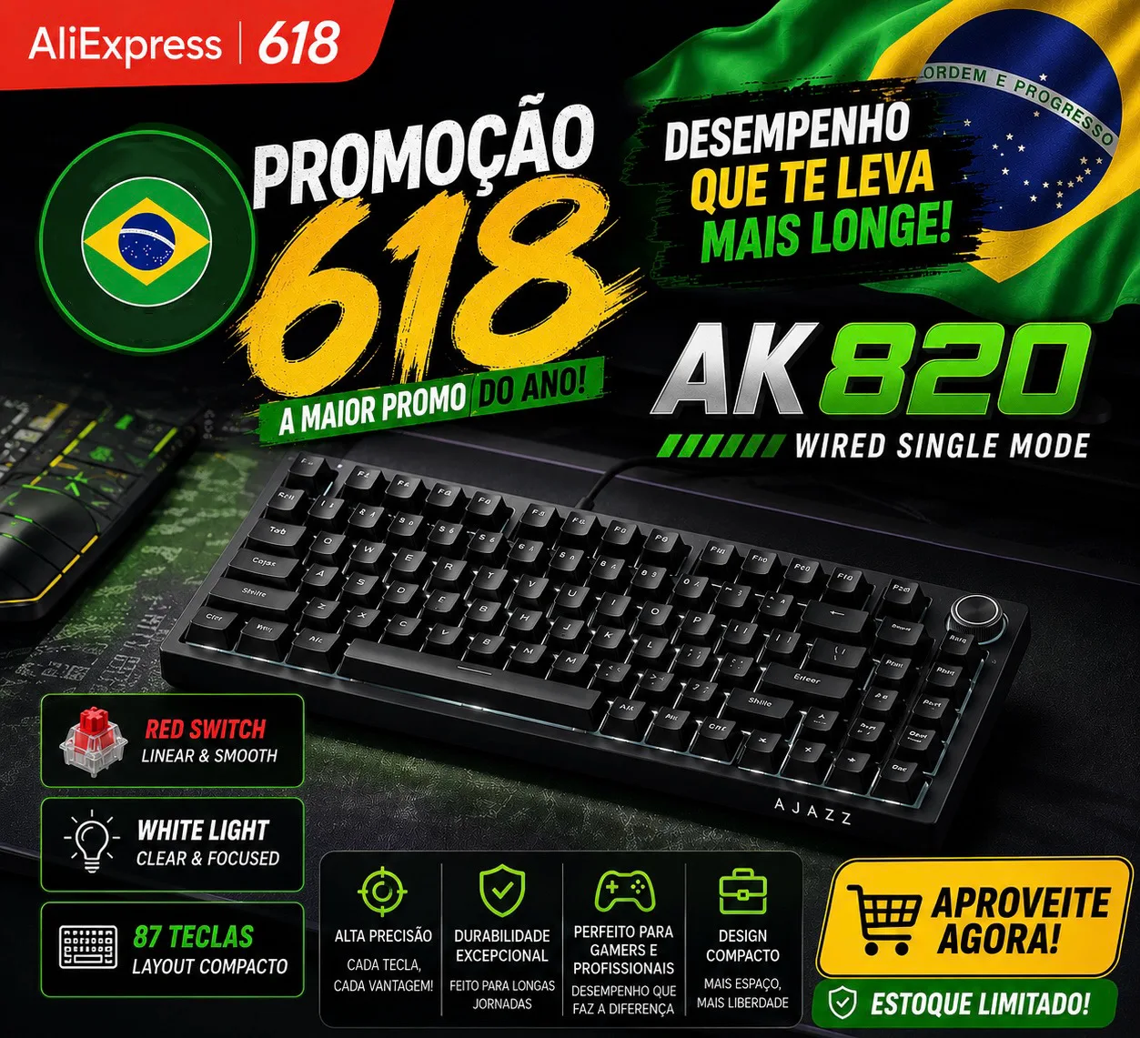 Teclado Mecânico Sem Fio AJAZZ AK820/Pro Bluetooth 5.1 2.4G USB-C Com Fio Hot Swappable RGB para Jogos com Montagem Gasket
