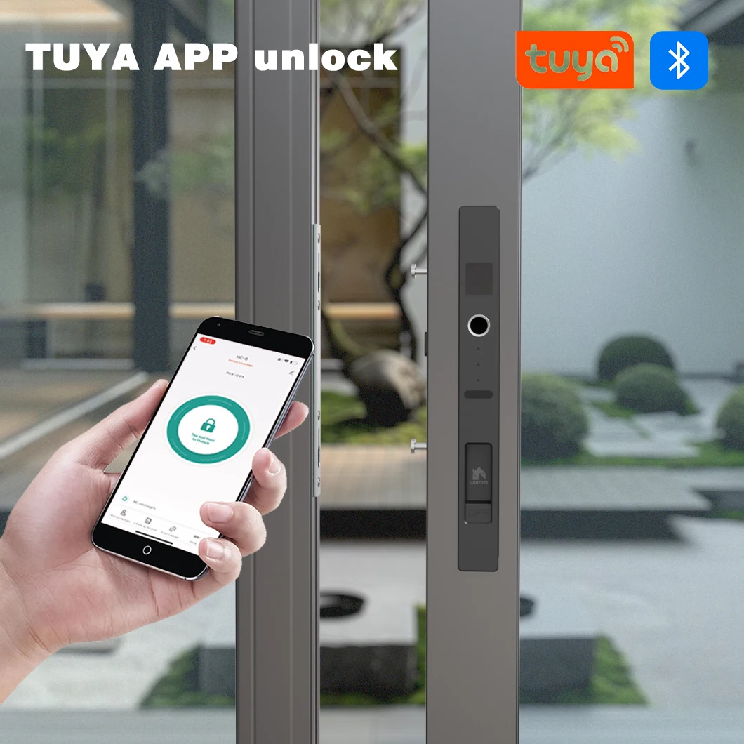 WINFREE Sliding Door Smart Lock Tuya Bluetooth Control Fingerprint Lock Keyless Entry Lock for Home Garden Wooden Aluminum Door