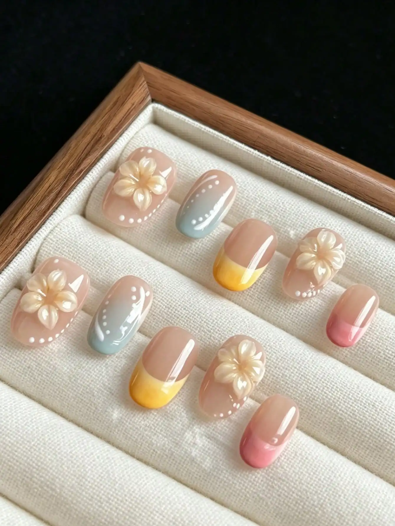 

10 Pcs Handmade Press On Nails Short,Nude Color Multicolor With Scheme,Hand-Molded 3D Flowers,Hand-Painted Gradient Style