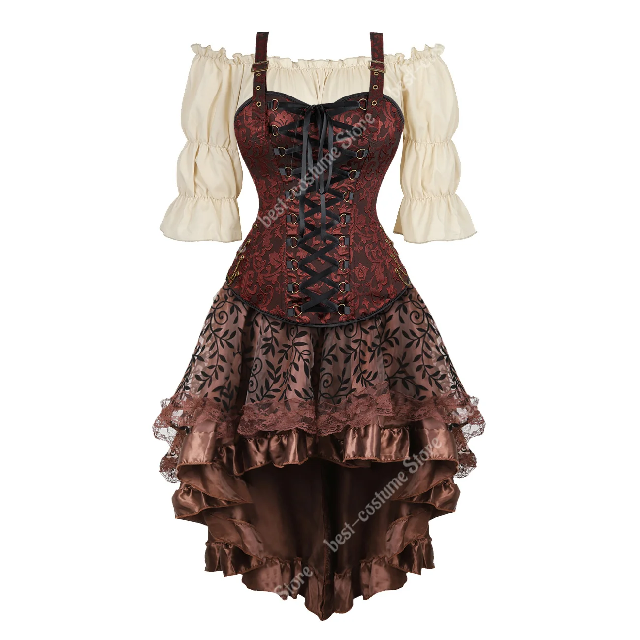 Steampunk รัดตัวชุดโจรสลัดสีน้ำตาลเครื่องแต่งกายกระโปรงผู้หญิง Plus ขนาด Gothic Underbust รัดตัวพร้อมกระโปรงสามชิ้นชุด