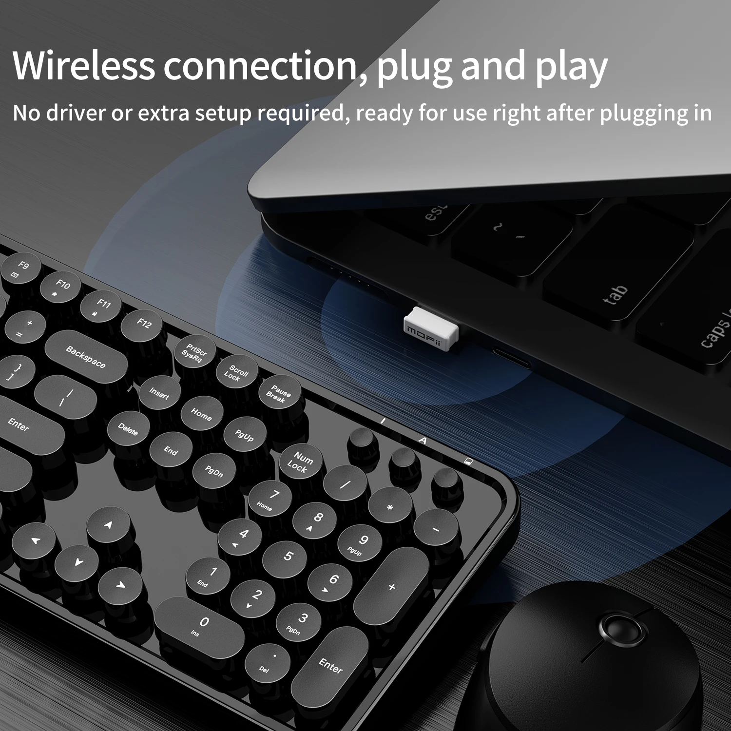 MOFii Sweet Classic Black Punk Round Key Wireless Keyboard Mouse Combo, Ergonomic Office Set for Laptop Desktop