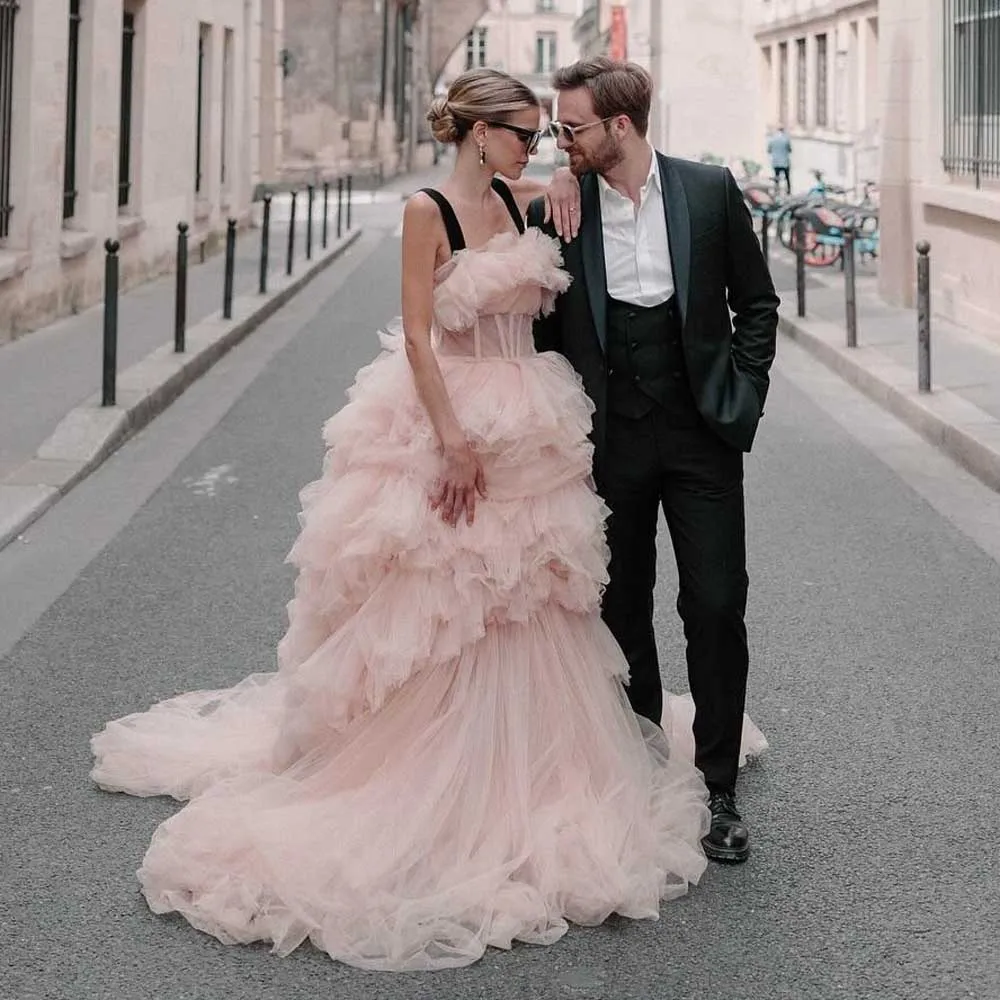 2025 novo blush em camadas tule vestido de noiva de casamento para photoshoot vestidos de festa de aniversário personalizado em camadas tule baile de formatura vestido formal