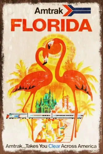 Florida Holiday Amtrak Travel Advert Aged look Vintage Retro style Metal Sign