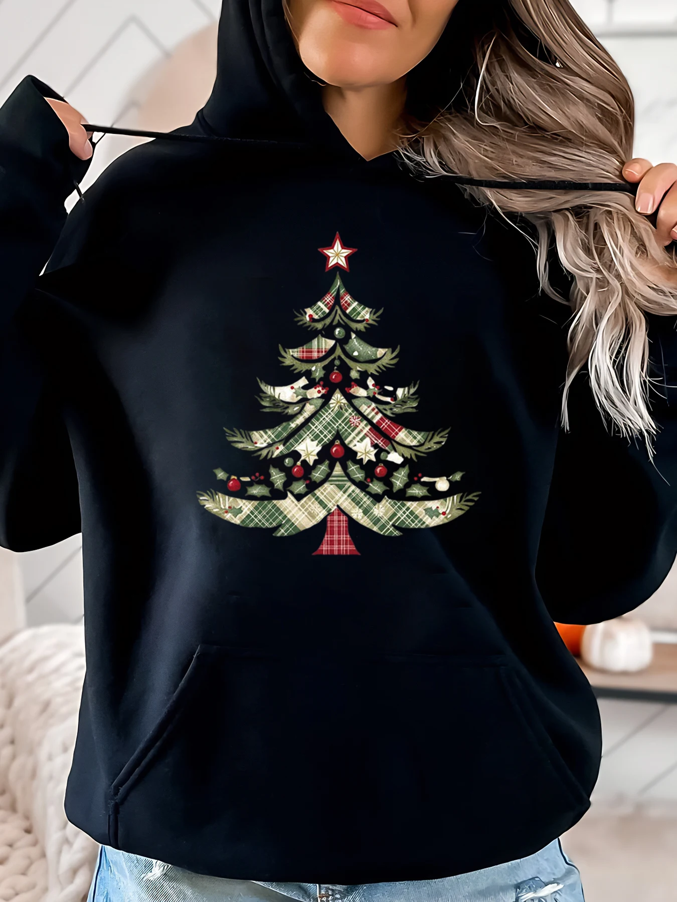 Sweat à capuche de vacances imprimé arbre de noël pour femmes, tenue décontractée, tenue de fête, noir, grande taille