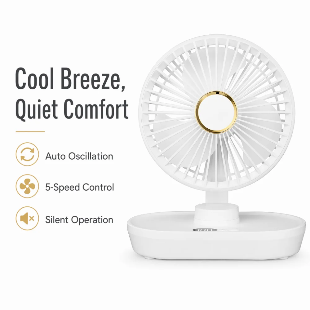 Quiet Auto Oscillating Desk Fan 5 Adjustable Speed Levels Long Endurance Rechargeable Personal Mini Cooling Fan for Office Dorm