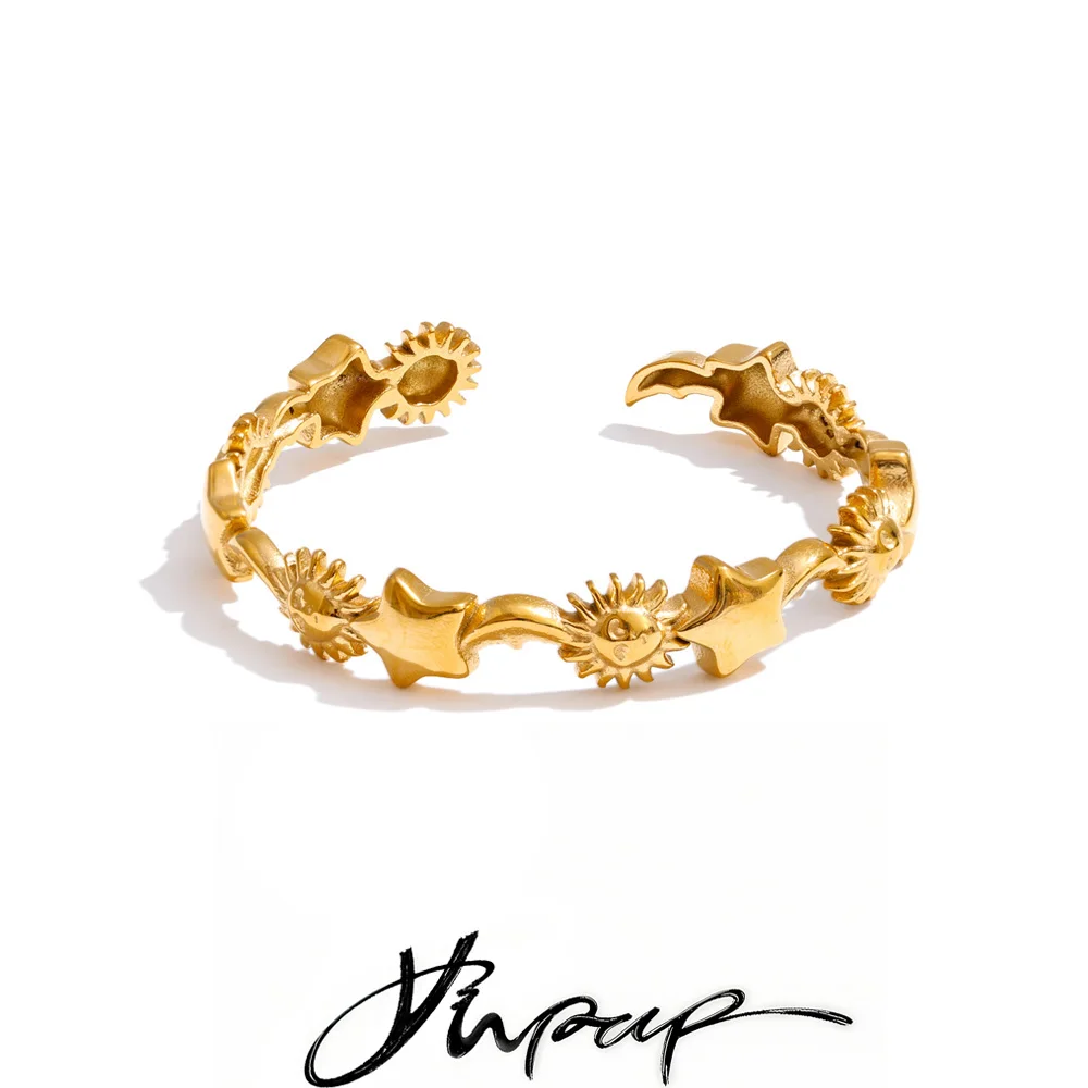 Yhpup 60mm Hot Style Stainless Steel Stars Moon Sun Universe Cuff Open Bracelet Bangle 18K Golden Plated Popular Wrist Jewelry