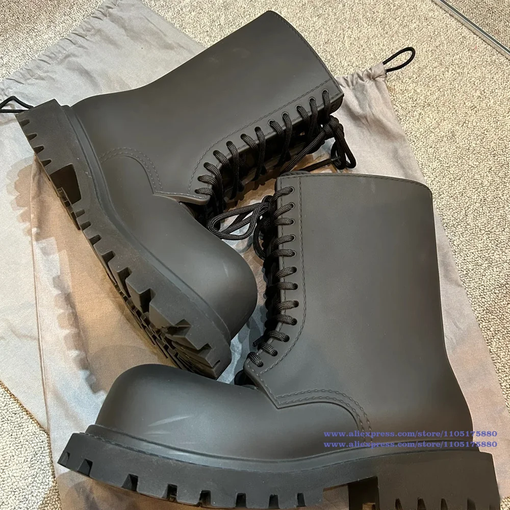 Black Leather Lace-Up Motorcycle Men's Boots Round Toe Chunky Sole Waterproof Ankle Booties Designer Men's Shoes Botas Mujer