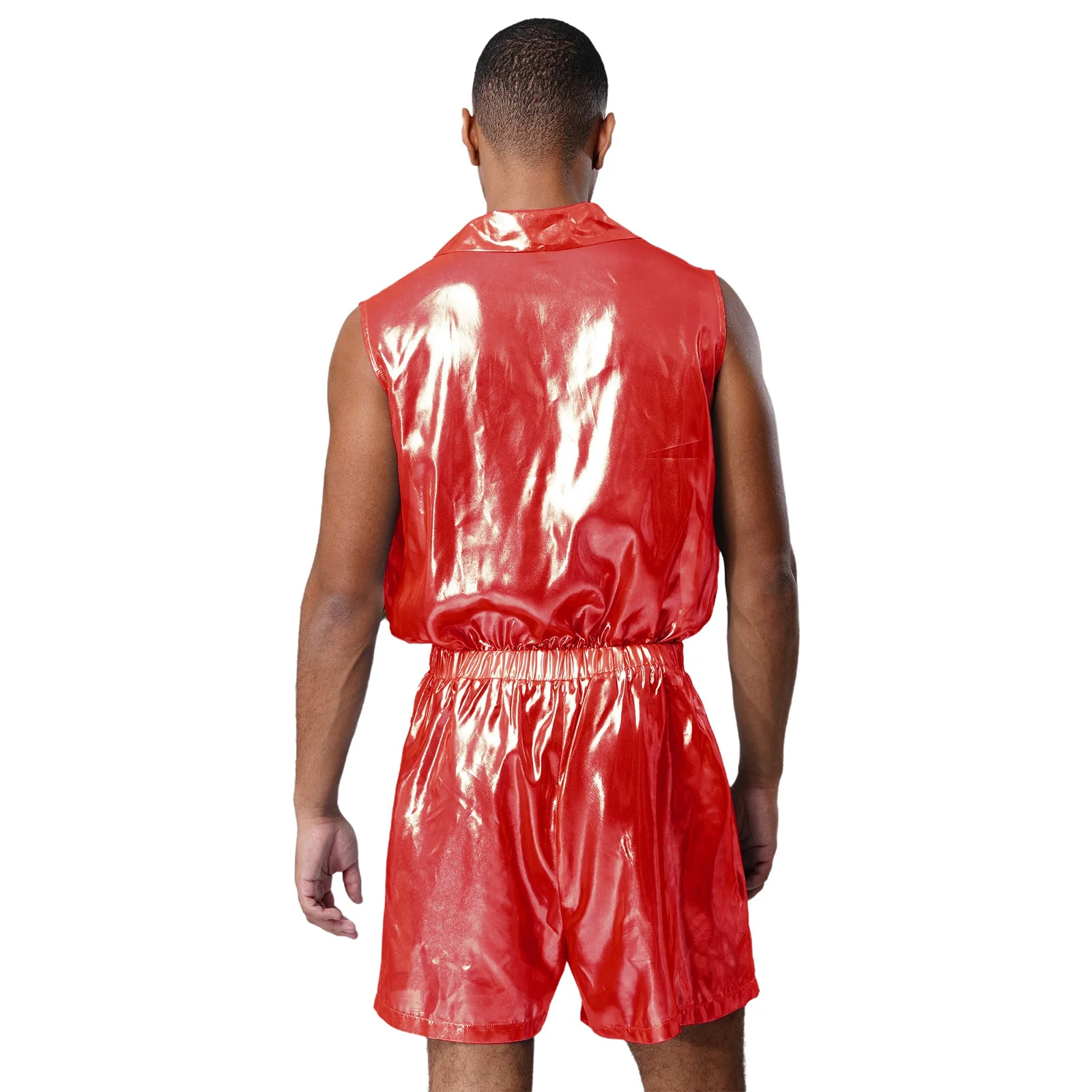 بدلة قفز شيفون لامعة شفافة للرجال بخصر مطاطي بدون أكمام لملابس نادي الرقص القطبية وحفلات الهذيان