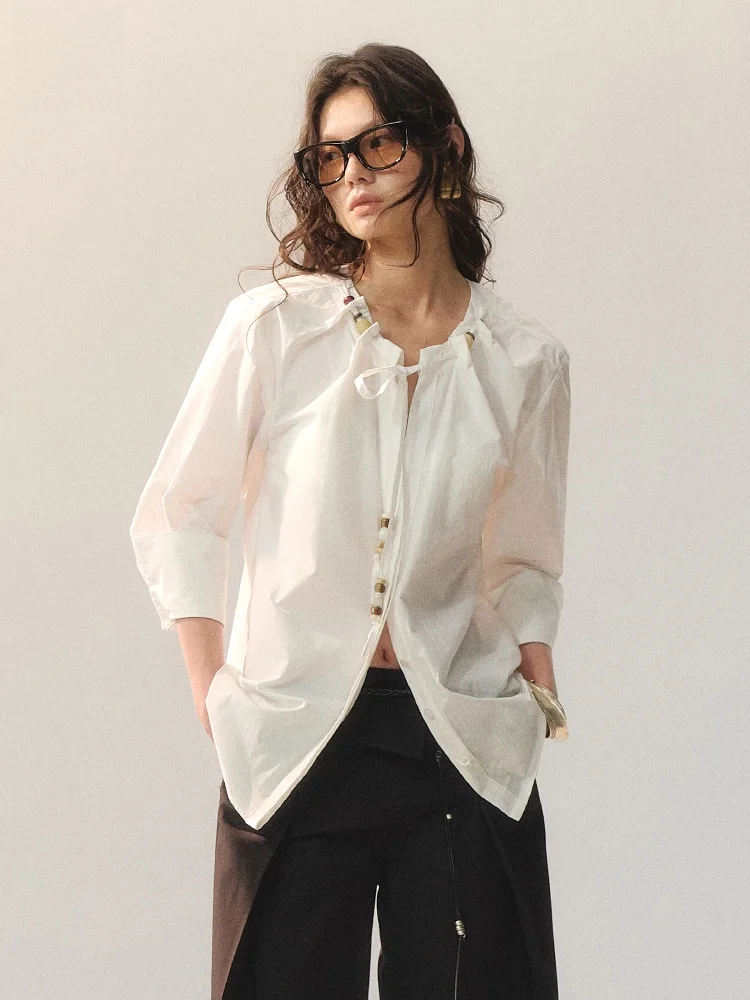 

Spring 2026 Women's White Beaded Sa irt Loose Fit Pure Cotton Casual Sle Chinese Manufacturer Long Sve