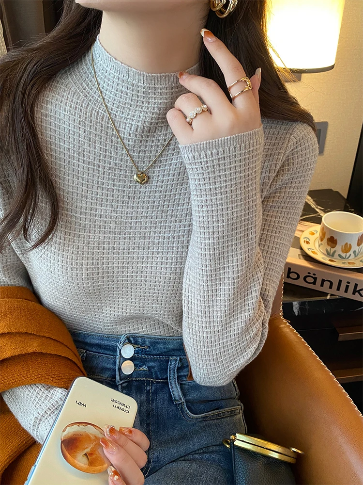 Women Autumn Winter Turtleneck Sweater Vintage Solid Waffle Pattern Knitted Female Sweaters Tops Casual Slim Pullover Jumpers