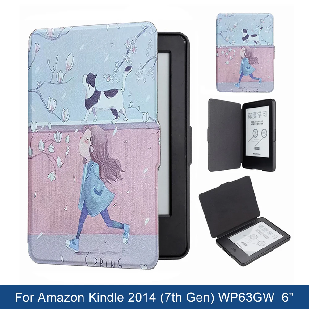 Funda para Kindle 2014 7. °, funda dura ultrafina de cuero PU para WP63GW 6 "eBook Slim Flip Book funda protectora trasera dura