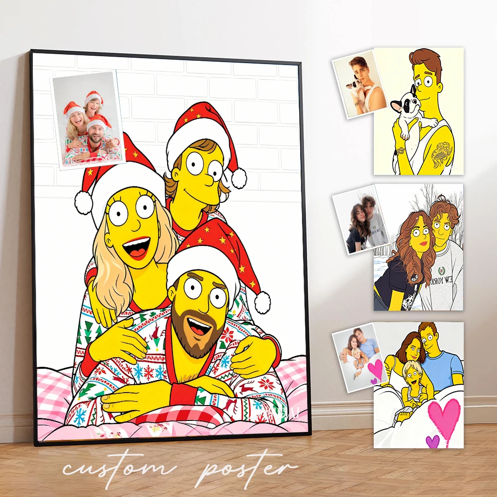 Benutzerdefiniertes Anime-Cartoon-Stil-Porträt aus Fotodekor, personalisiertes Cartoon-Geschenk für Paare, Familie, Kinder, einzigartiges Wandkunst-Poster