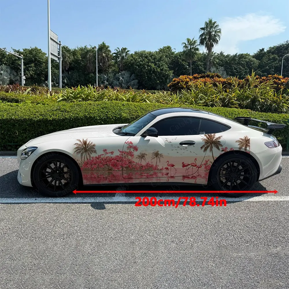 2pcs Tropical Flamingo Palm Beach Car Side Wraps, Self-Adhesive PVC Waterproof & Scratch-Resistant Stickers, Car Accessory Gift