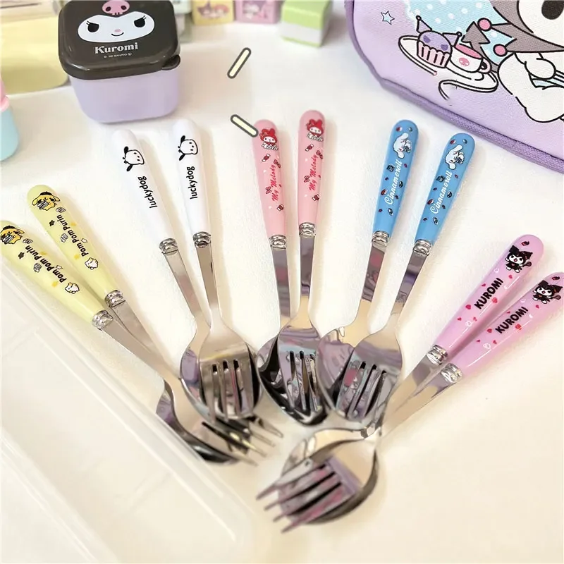 Sanrio Hello Kitty Kuromi Cinnamoroll Pachacco Travel Portable Cutlery Set Fork Spoon Student Dinnerware Sets Kitchen Tableware