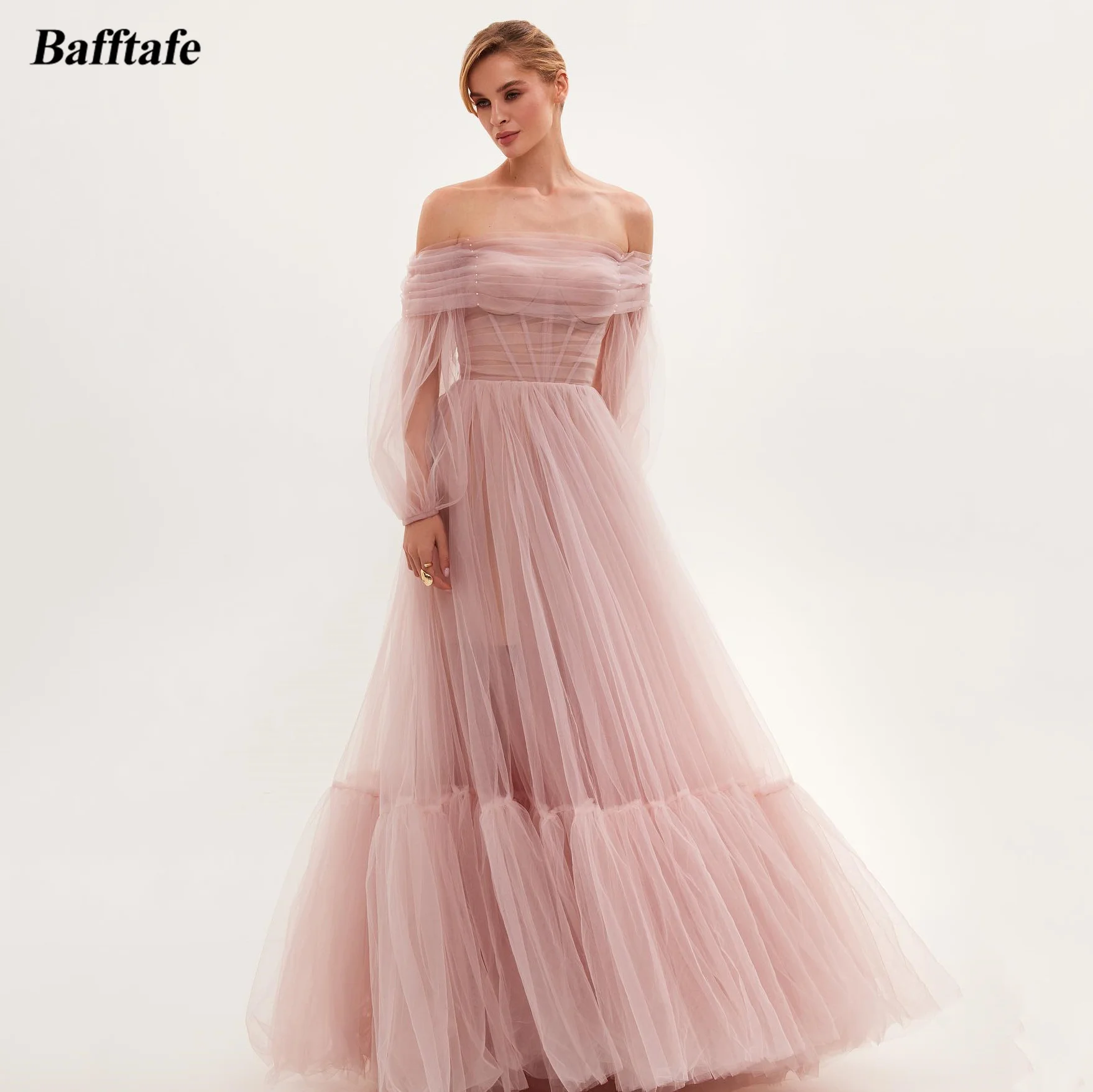 

Bafftafe Long Sleeves Formal Prom Dresses Women Off The Shoulder Special Party Wear A Line Pleated Lace Up Back Evening Gowns