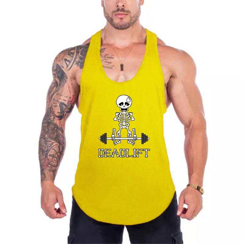 Human Skeleton Deadlift Barbell Gym Vests Mesh Breathable Quick Dry Bodybuilding Tank Tops Mens Fitness Sport Sleeveless Shirts