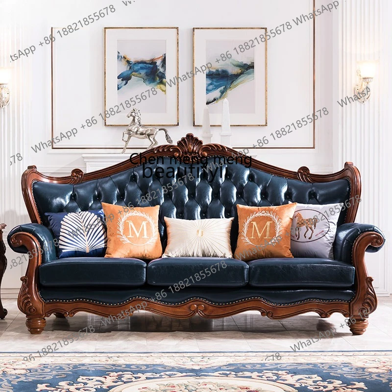 X Leather sofa solid wood living room, retro sofa light luxury large apartment first layer cowhide