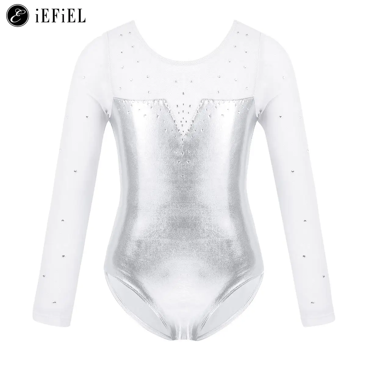 Kids Girls Sparkly Rhinestone Metallic Long Sleeve Mesh Ballet Dance Gymnastics Leotard Bodysuit Jumpsuit Modern Dancewer