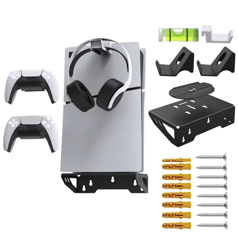 

Комплект для настенного крепления: стальной кронштейн-подставка для PS5 Slim (версии с дисководом и цифровой) с держателем для контроллера и крючком для аксессуаров PS5