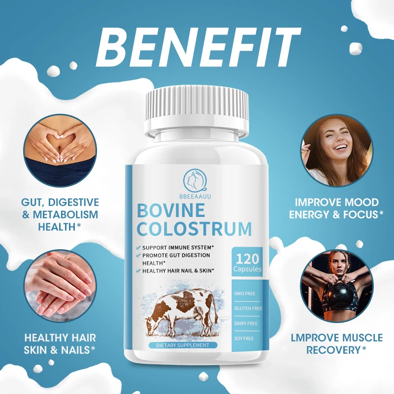 BBEEAAUU 1000MG Probiotic Bovine Colostrum Capsules Support Intestinal and Digestive Health Hair, Nails, Skin and Muscle Health