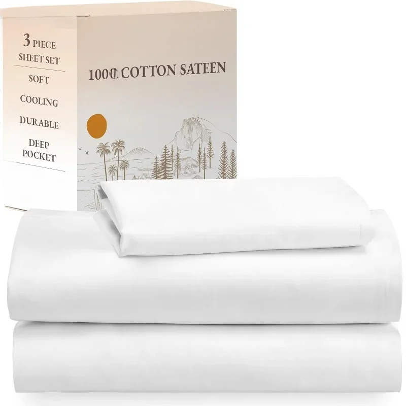 

Soft 100 Cotton Sheets Twin-XL Bed Sheet Set with Deep Pockets, 3 pack Long Twin Cooling Sheets with Sateen Weave (White)