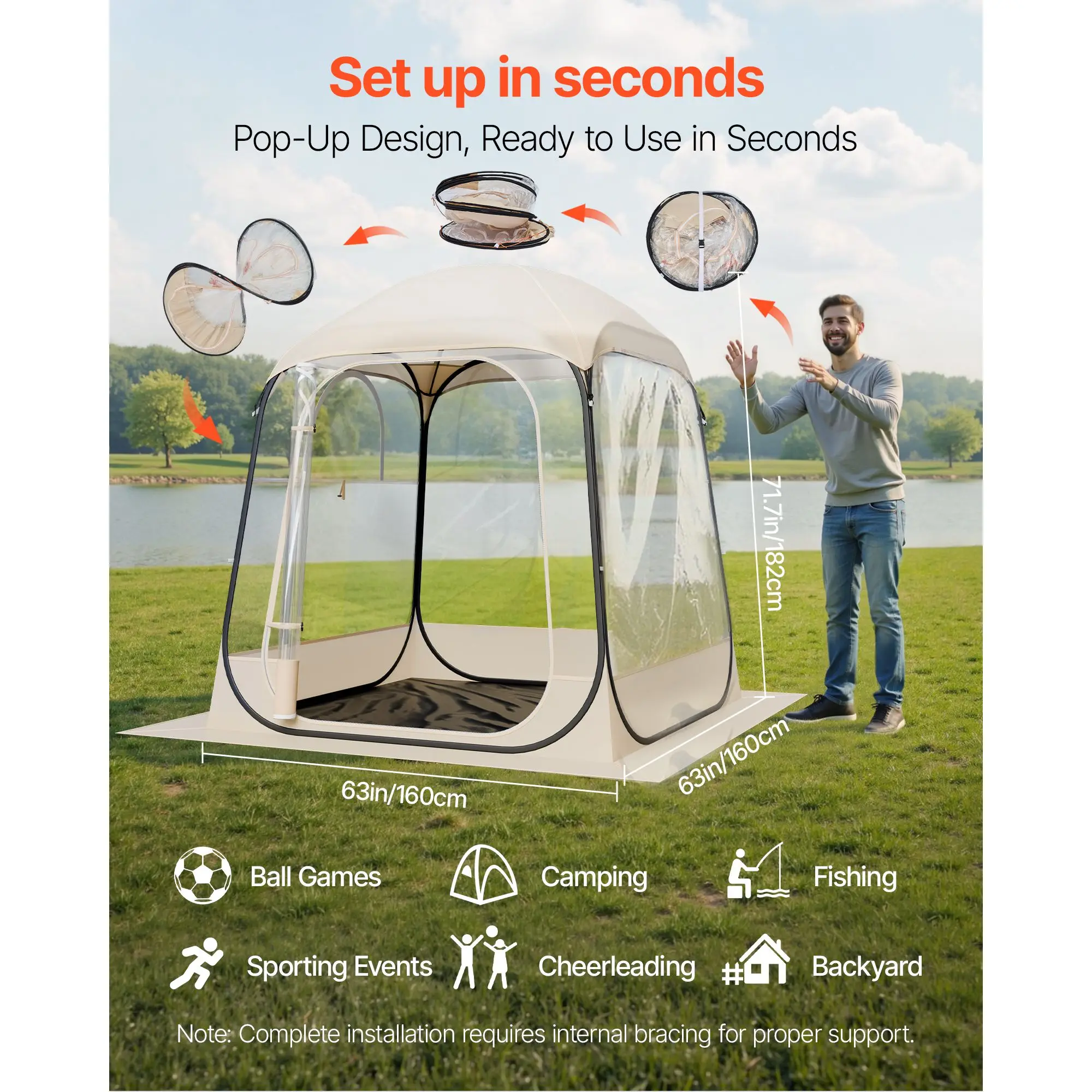 Pop up Sports Tent, 63x63 in Clear Bubble Tent for 2-4 Persons, Waterproof Outdoor Pod with Floor Mat & Top Cover, Garden Igloo
