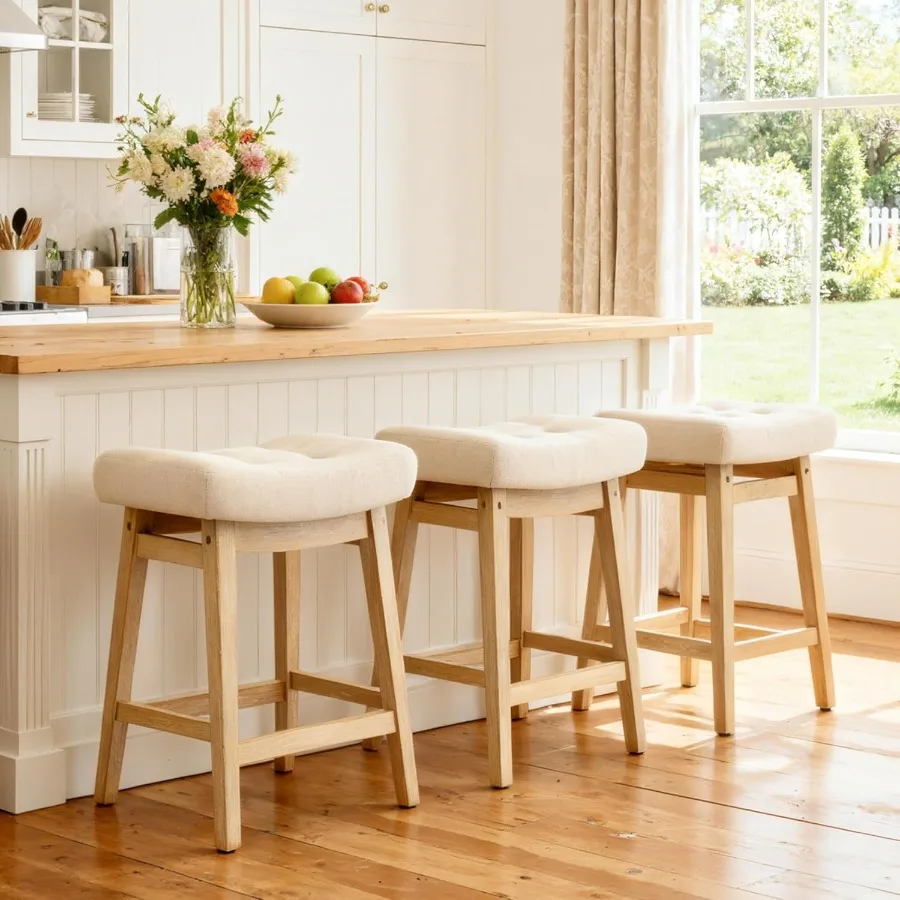 

Counter Height Bar Stools Set of 3 for Kitchen Counter Farmhouse Modern Barstools with Upholstered Fabric Backless Seat and Sol