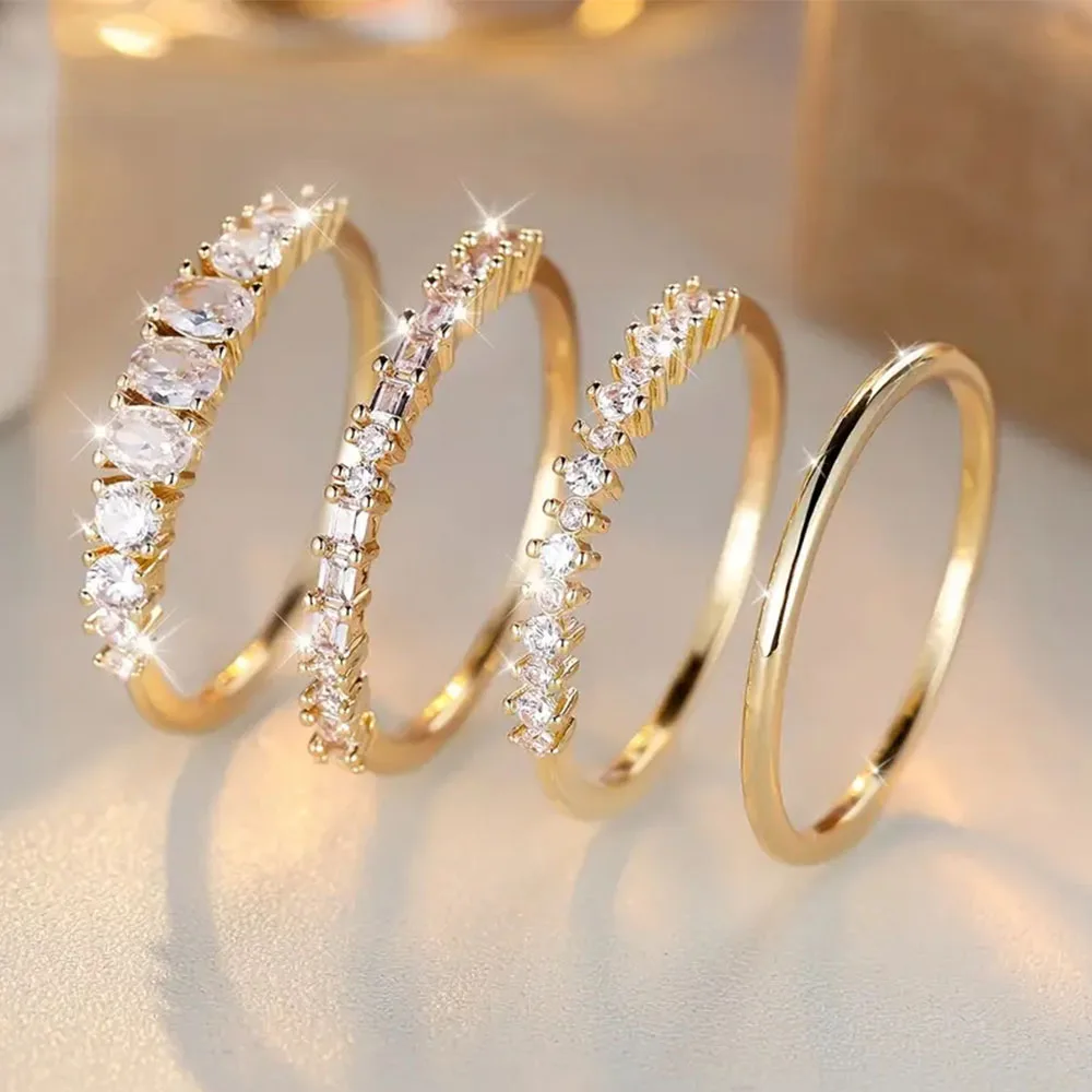 4PCS/Set Latest Brand Design Creative Simple Fashion Stackable Jewelry 14K Gold Plated White Zircon Ring Set Romantic Bridal Eng