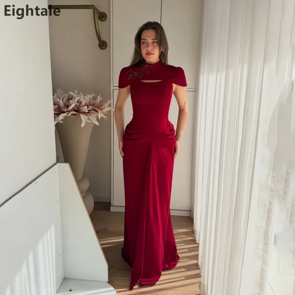 

Eightale 2026 Burgundy High Neck Evening Dress Crystal Beaded Capelet Prom Dress Formal Party Gown Customized