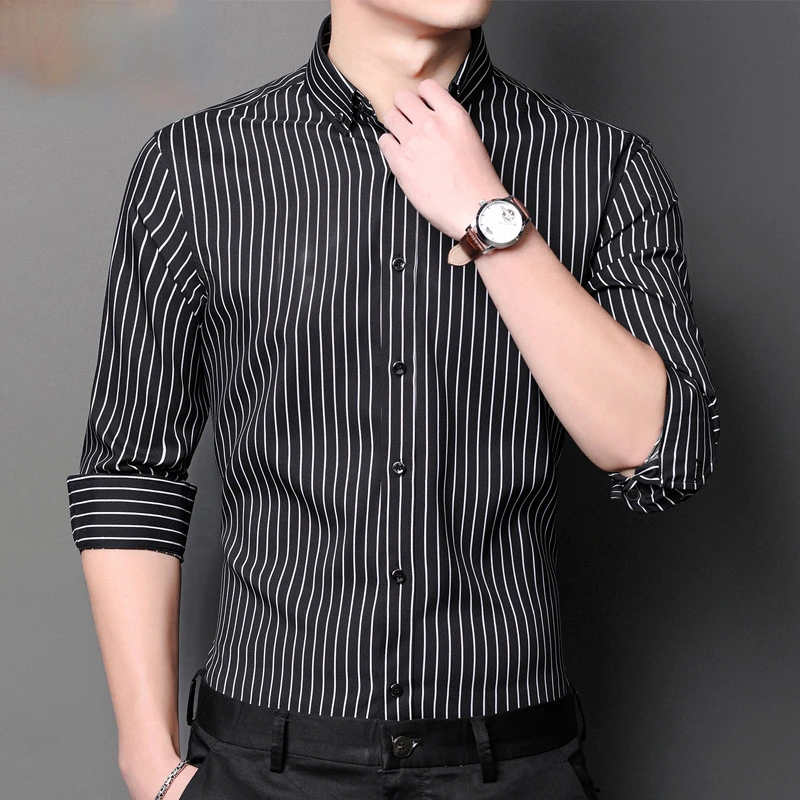 New elastic wrinkle resistant men\'s long sleeved formal shirt, high-quality men\'s slim fit social business striped men clothing